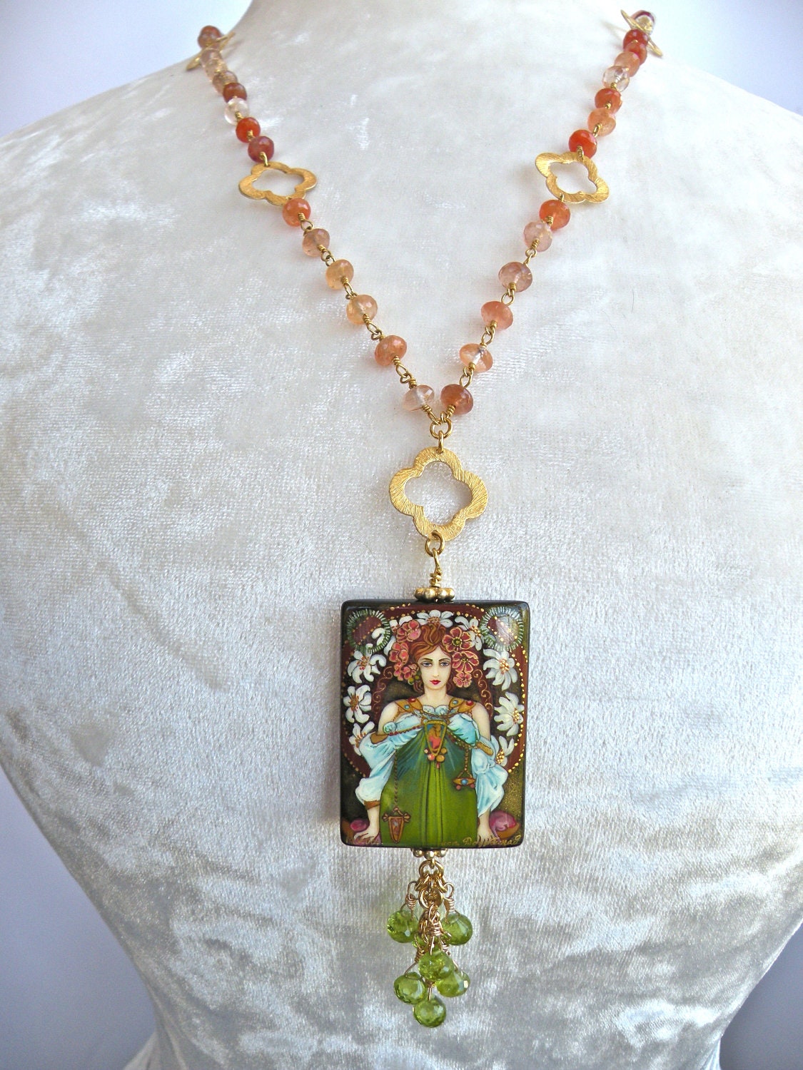 Hand Made Carnelian, Peridot and Gold Vermeil Necklace with Hand Painted Renaissance Woman Art Bead