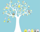 Kids Tree with 4 owls 7 birds and set of 4 FREE owls nursery vinyl wall decal
