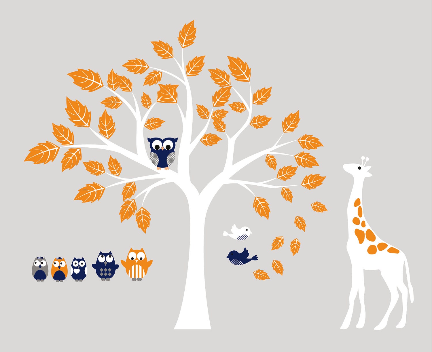 Kids tree vinyl wall decal with giraffe and set of 5 owls and birds  cute for any nursery