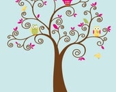 Cute Kids tree with 5 owls and birds vinyl wall decal cute for a nursery or childs room