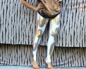 White and Gold Leggings, One-of-a-kind, custom-printed with oversized gold chain links, XS, S, M, L