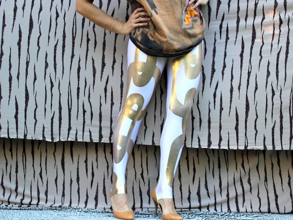 White and Gold Leggings, One-of-a-kind, custom-printed with oversized gold chain links, XS, S, M, L - deezdoggs