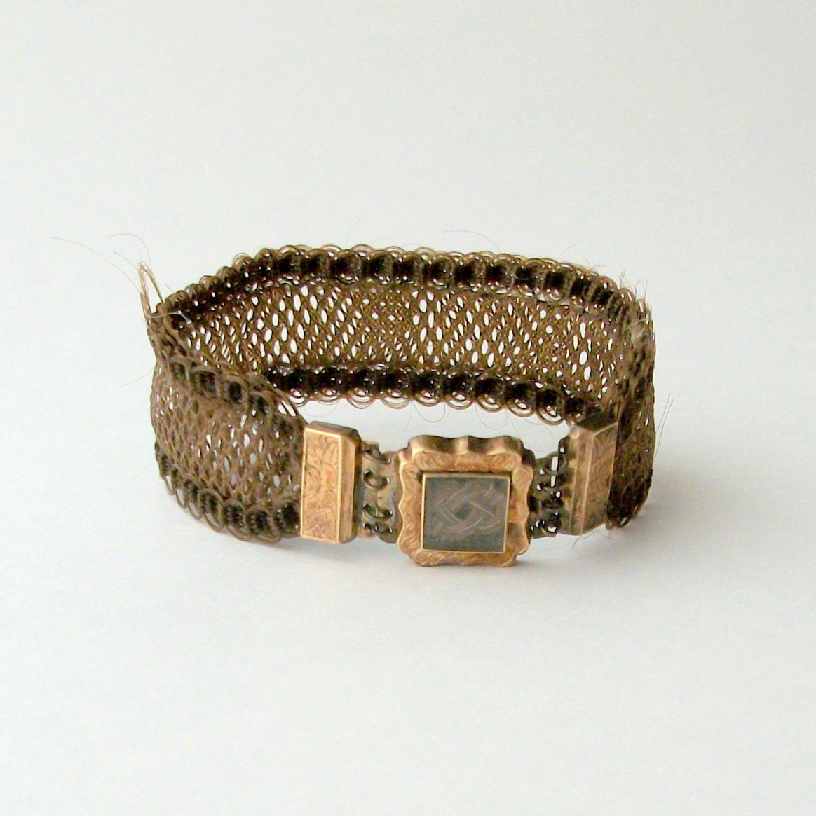Antique Victorian Mourning Jewelry . Hair Bracelet with Locket . Petite .