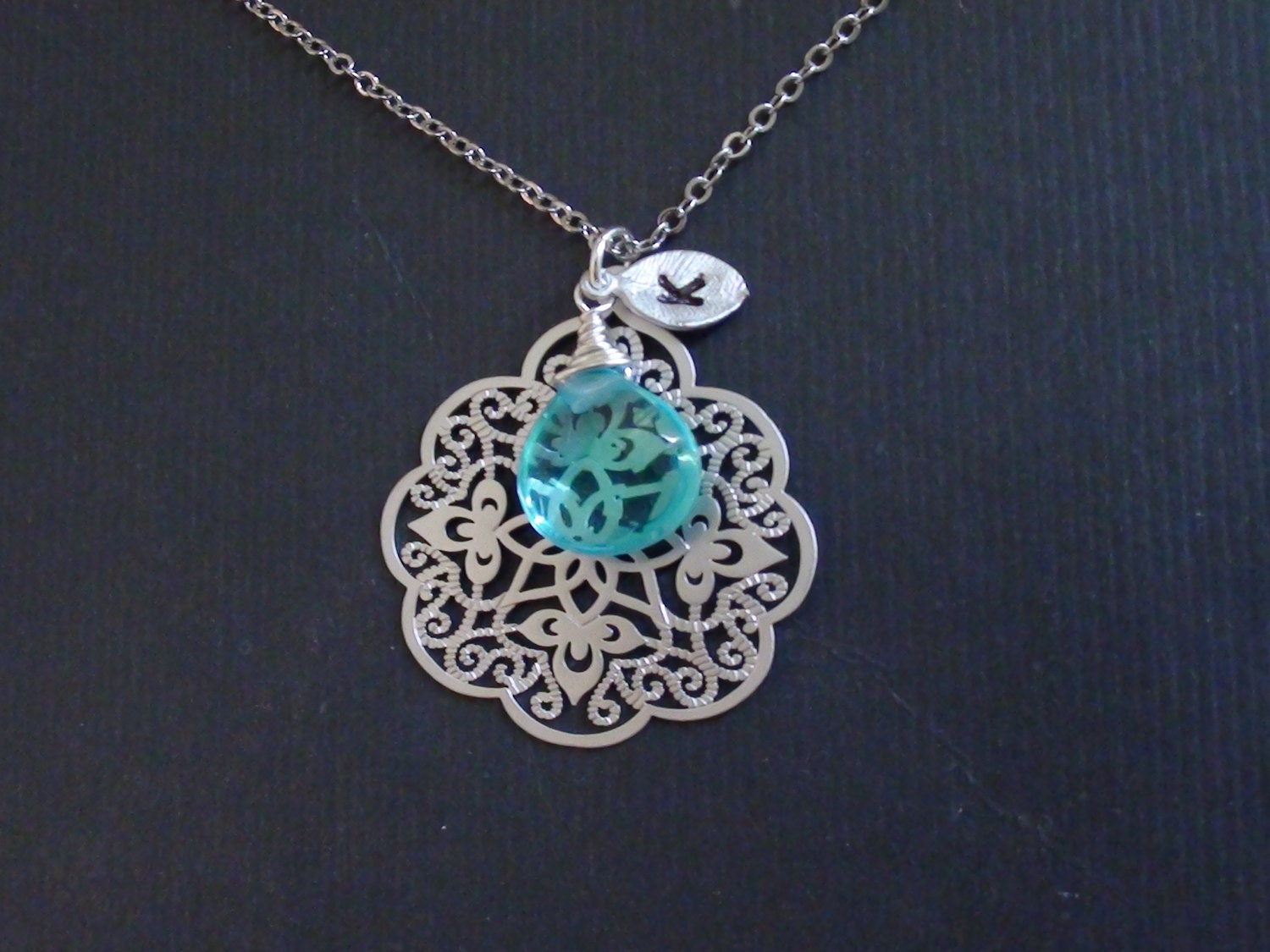 Sale-Personalized Birthstones, Initial Leaf, Apatite Blue And Oriental Filigree-Bridesmaids Gift, Wedding Gift, Necklace
