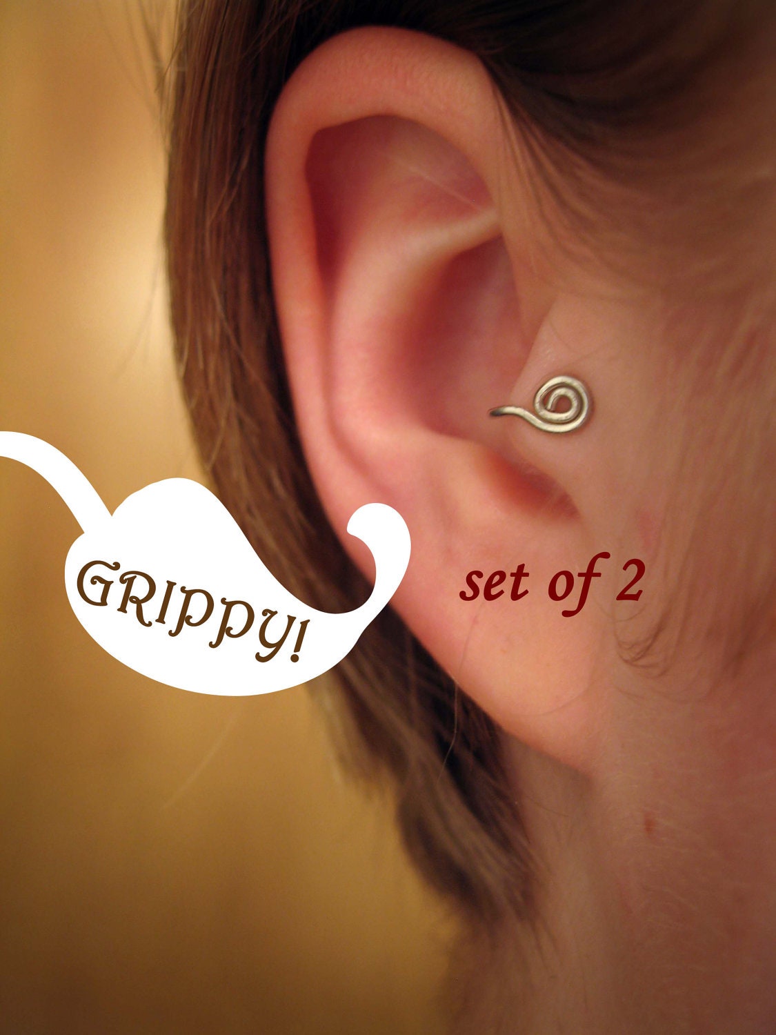 The Ronin Collection Set of 2 Tragus Cuffs styles 'A' and 'B' GRIPPY silver spiral ear cuff wire loop swirl curly earring alternative