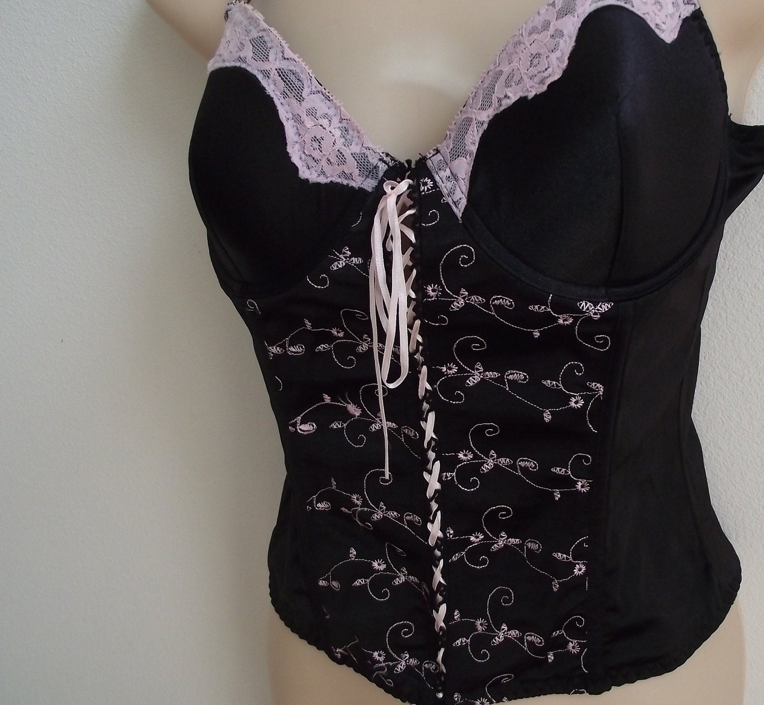 Vintage Corset Bustier Teddie laced front black w/ pink ribbon 36B