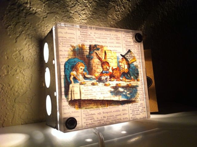 Alice In Wonderland Mad Hatter Tea Party  - Custom Listing  - Vintage Dictionary Print Design Repurposed Upcycled Light Box Night Lights