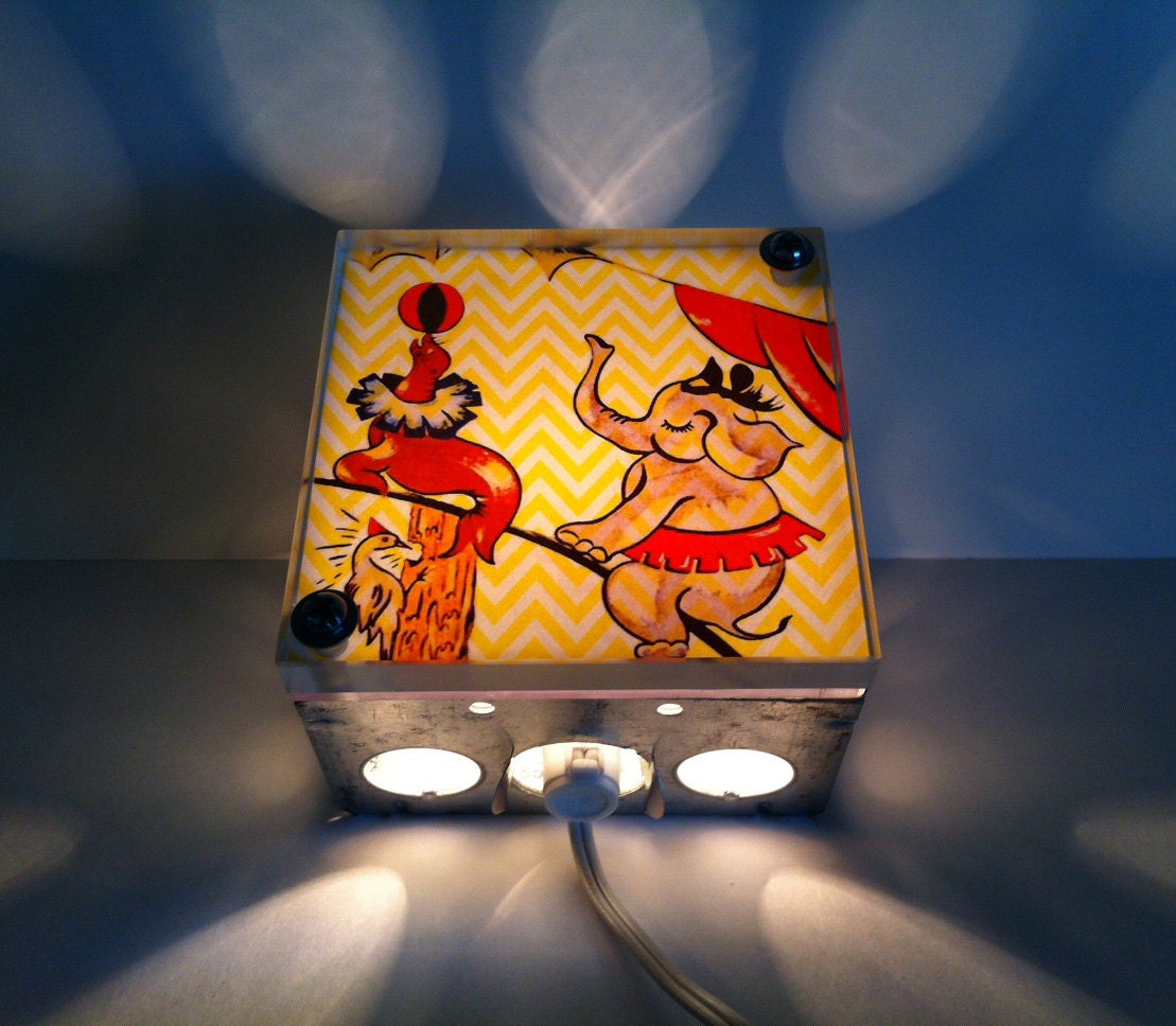 Yellow Chevron Print Circus Elephant - Repurposed Vintage Dictionary Print Design Night Light