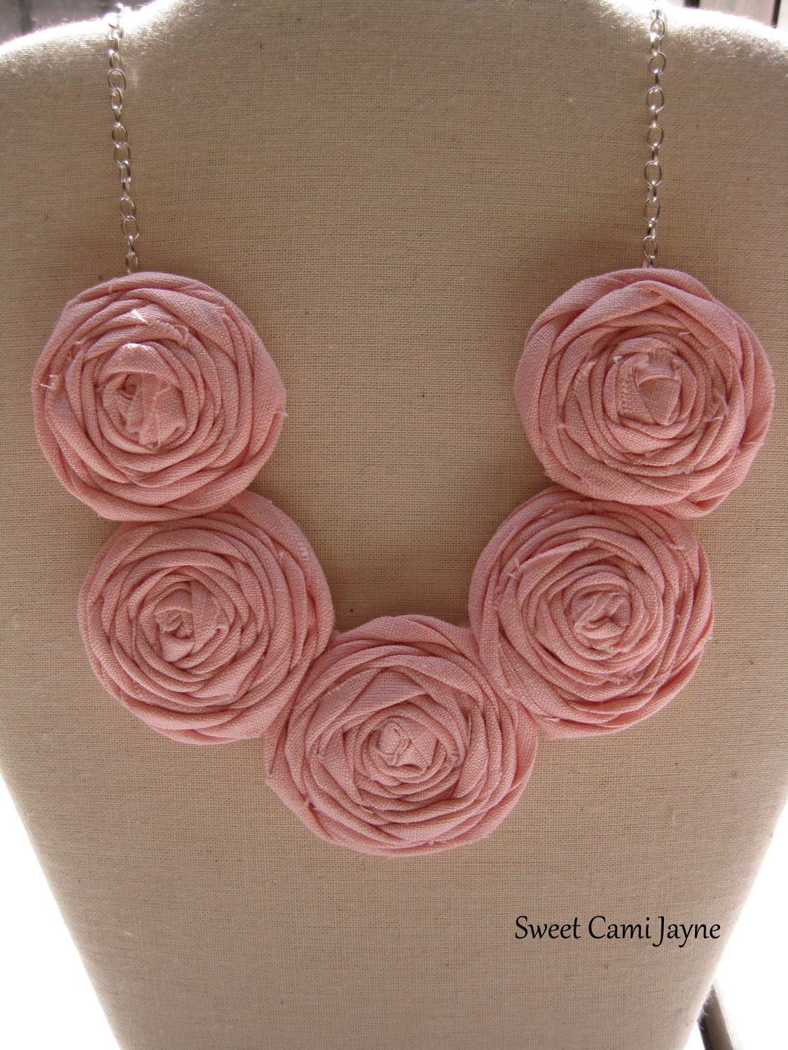 Fabric Necklace Light Pink Rosette Necklace Blush Pink Rosette