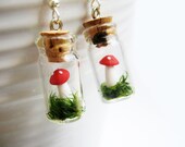 Red Toadstool Mushroom Tiny Green Moss Terrarium in a Bottle Earrings - Whimsical Woodland Fairy Tale - echoesofnature