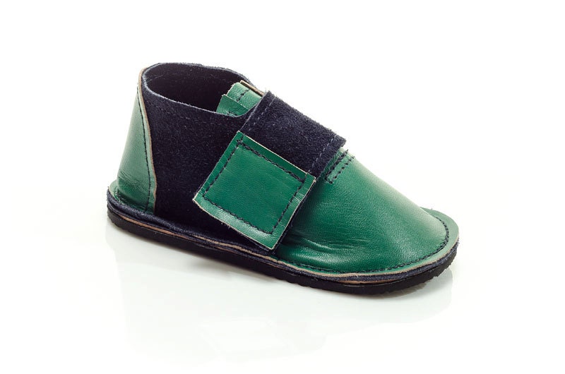 Navy blue and green leather and suede handmade shoes for children and toddlers
