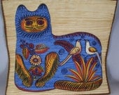 Vintage Patchwork Blue Cat with Birds and Flora