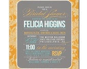 Bridal Shower Invitation Orange Aqua Damask Invitation Vintage Retro Typography Printable Digital or Printed - Felicia Style