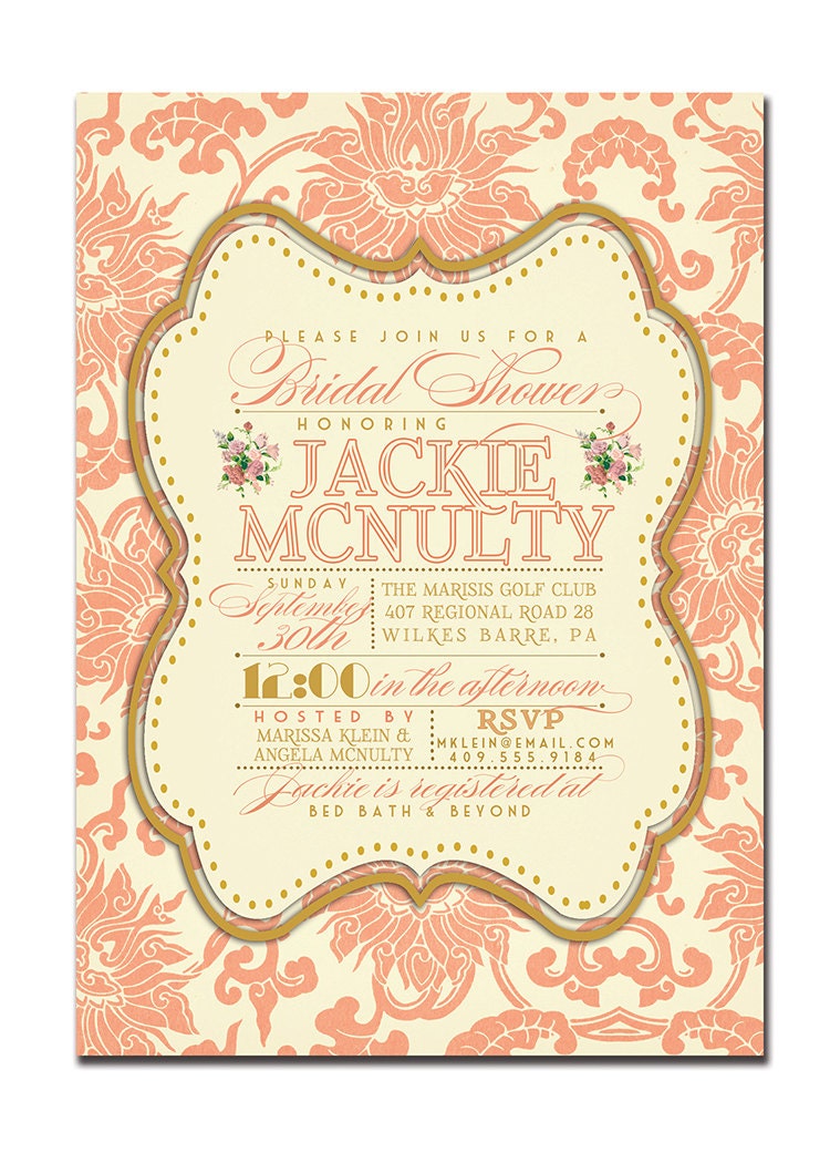 Bridal Shower Invitation Vintage Rustic Bridal Wedding Gold Coral Damask Typography Poster Printable Digital or Printed - Jackie Style