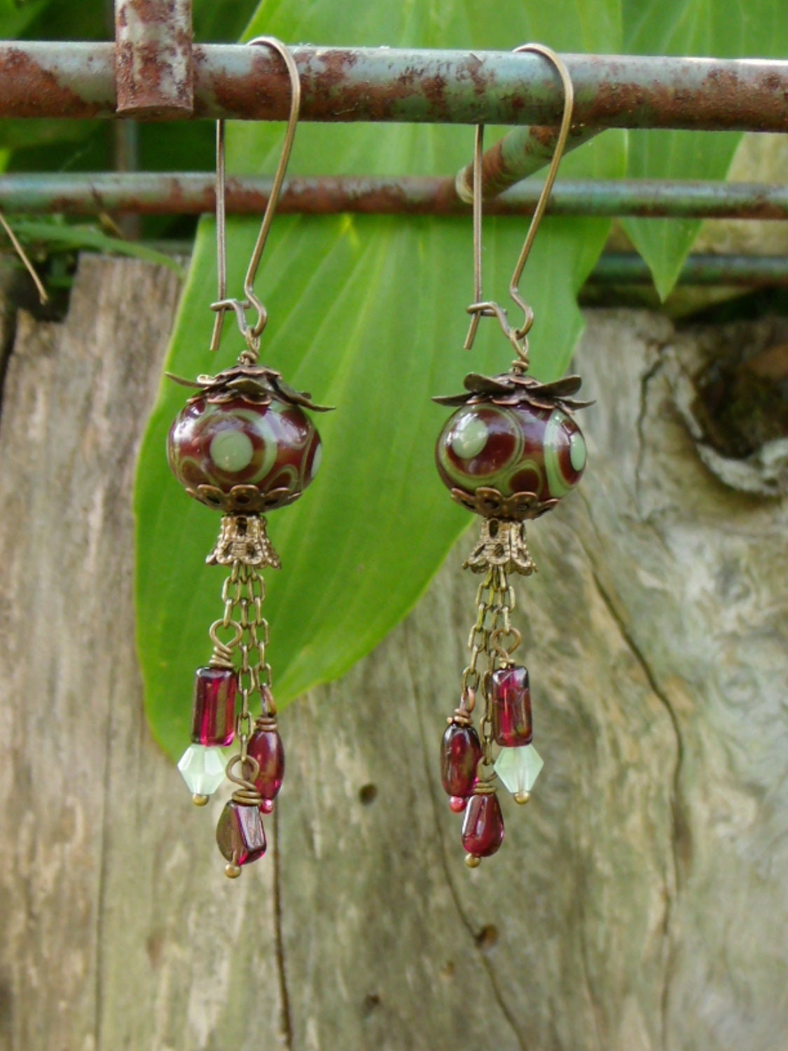 Dotted Spectacle - Lampwork, Garnet, Crystal, Copper and Brass Earrings