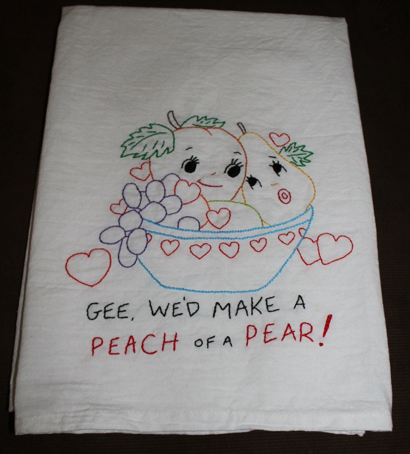 Hand Embroidered Towel Vintage Valentine Peach of a Pear Dish towel