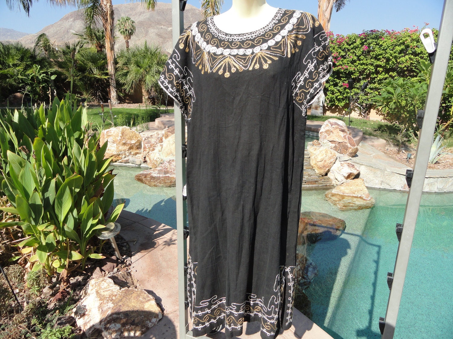 SALE Vintage 1970s Moroccan embroidered dress sundress caftan black S/M/L semi-sheer gold/silver