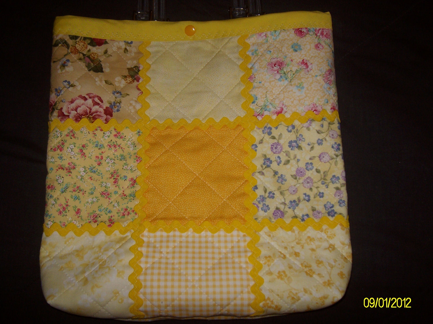 Yellow Cotton Print Fabric (Charm Pack) Quilted Tote Bag with snap closure and clear plastic handles