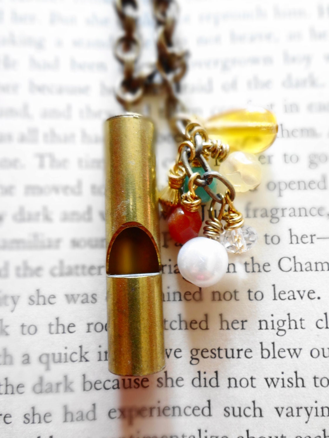 Vintage Whistle Necklace Made of Brass with an Assortment of Czech Glass Beads