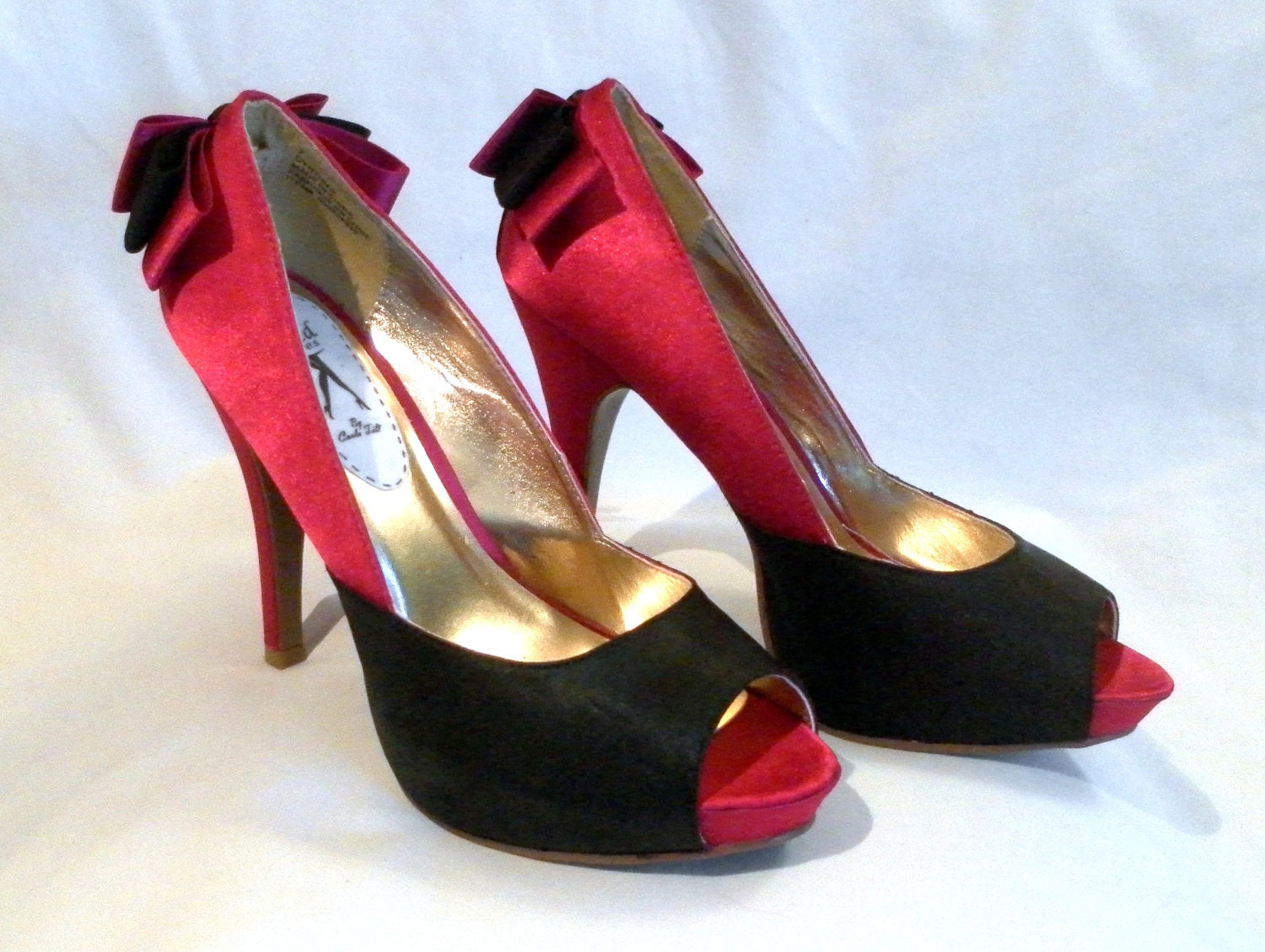 Hand Painted Pink and Black Satin High Heel Shoes