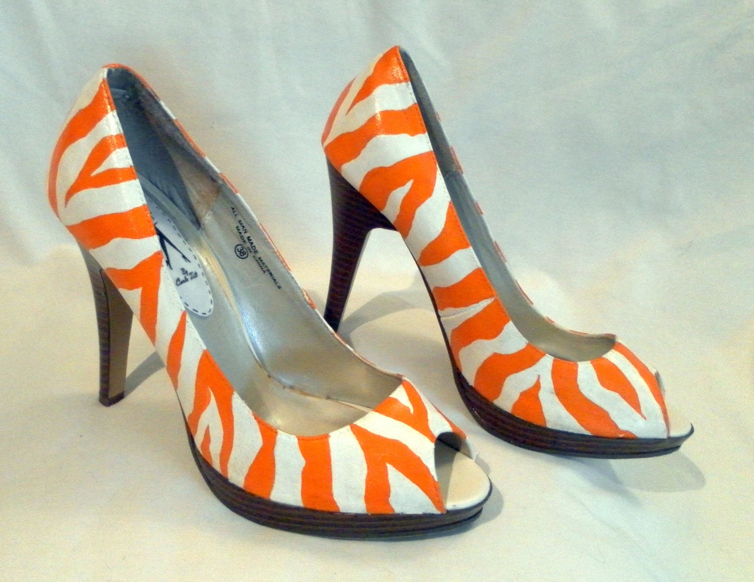 Hand Painted Orange and White Zebra Striped Peep Toe High Heel Shoes Size 8