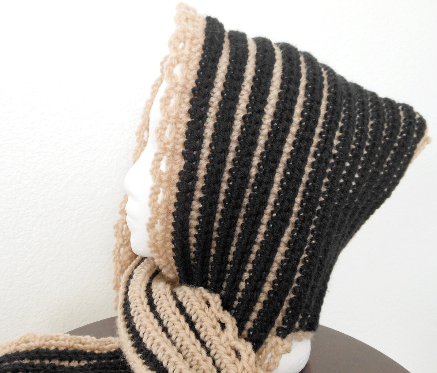 Crocheted Hooded Scarf Black and Tan Reversible Scoodie