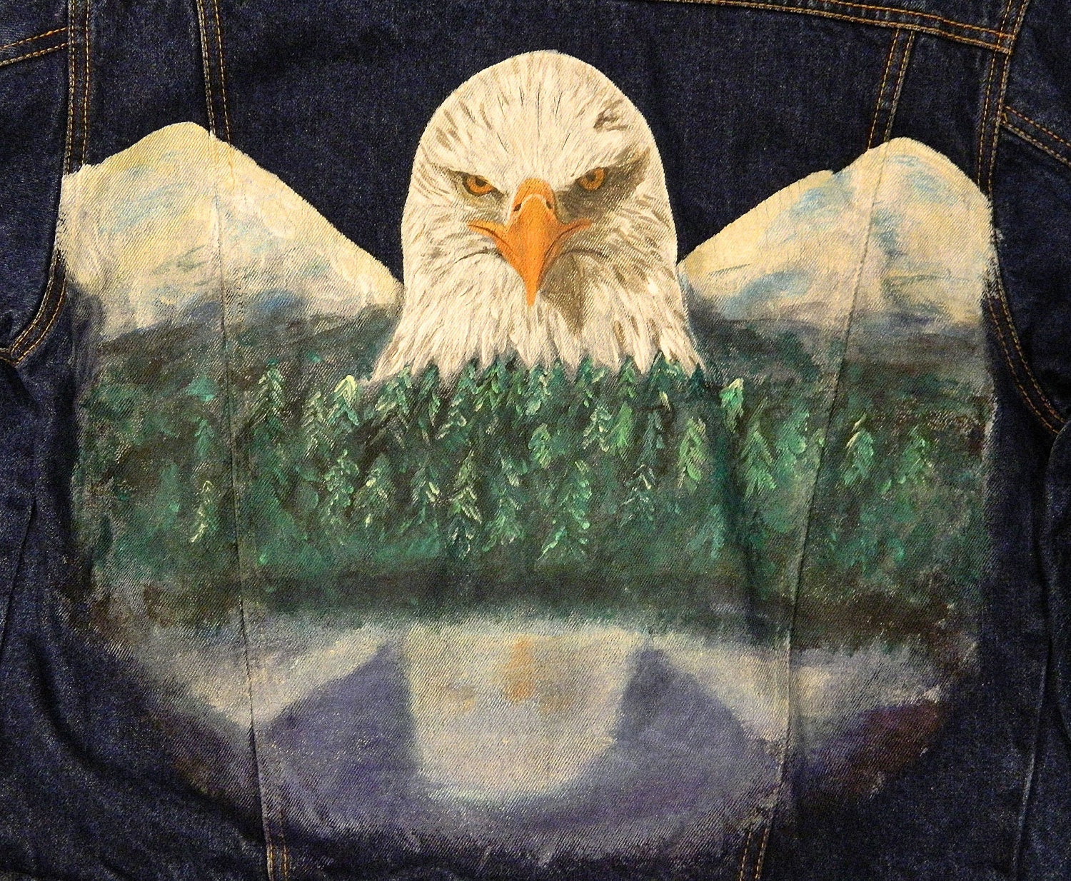 SALE Glorious eagle mt scene . hand painted vtg denim jean jacket . unique ooak . rocker . men women unisex . sale