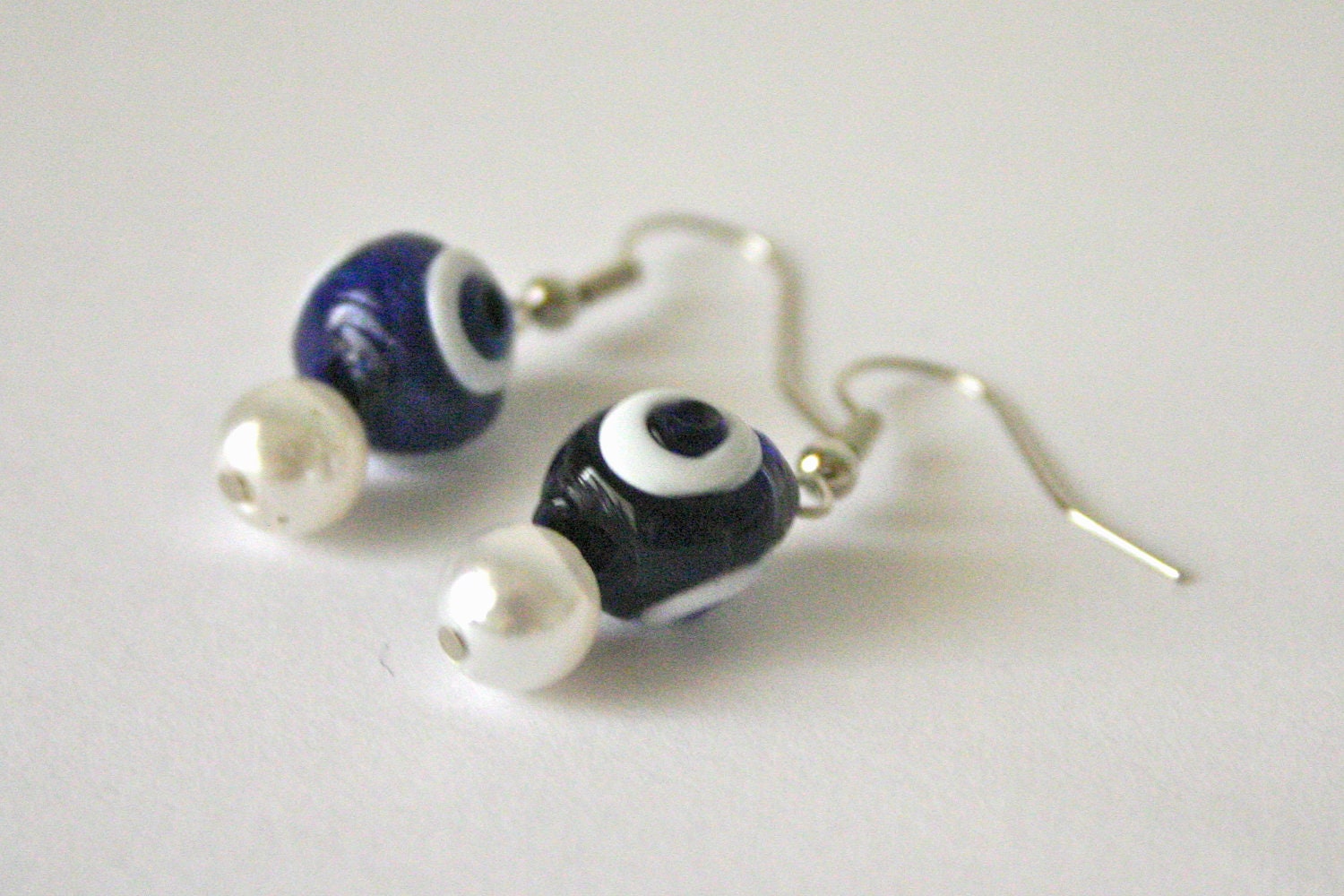 Evil Eye Earrings Glass Evil Eye Dark Blue and White Pearl Turkish Earrings
