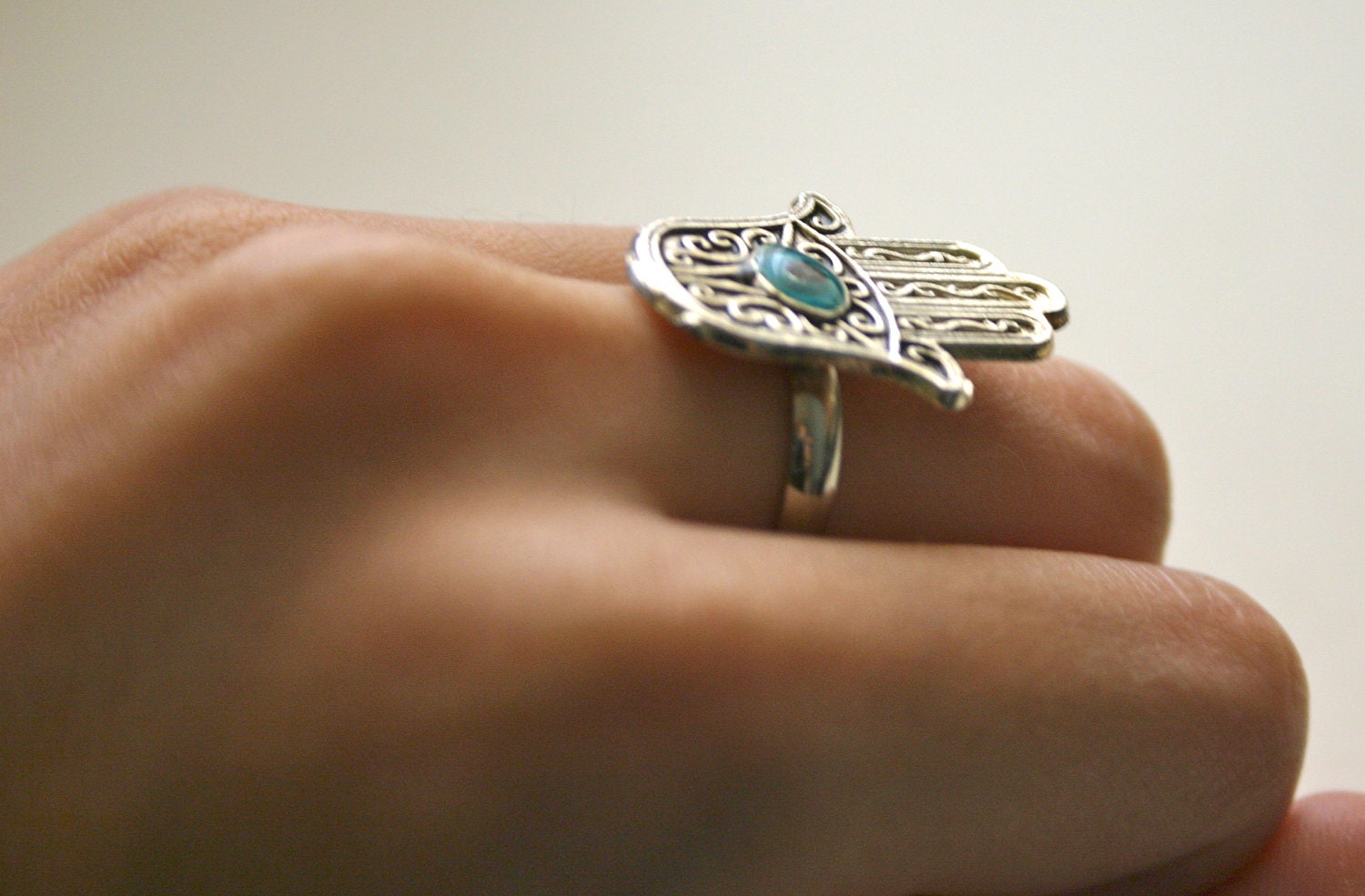 Adjustable Silver Ring Evil Eye Hand of Fatima Middle Eastern Turkish