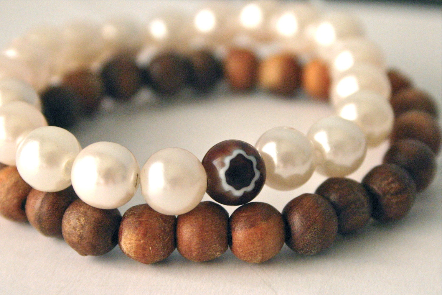 Stackable Stretch Bracelet Chocolate Colors Brown Wooden Beads White Pearls Set of two