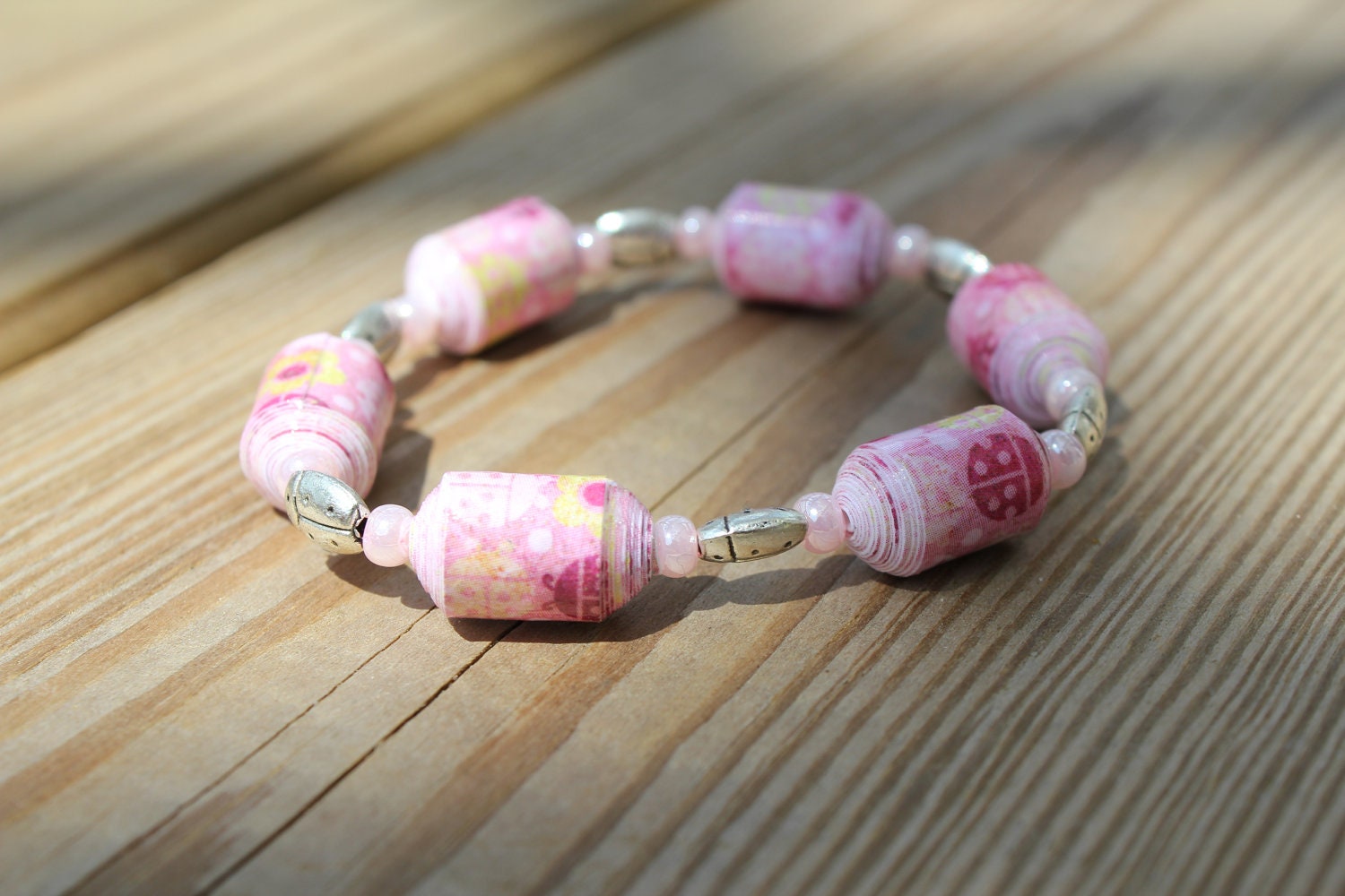 Paper Bead Bracelet Jewelry - Pink Lady Bugs - Kid Size Il_570xn