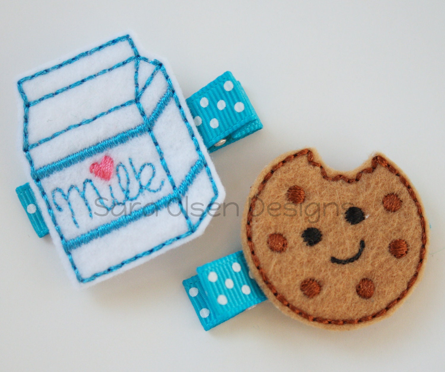 Milk and Cookies Hairclip, Felt Embroidered Hairbow, Hair Clippie, Felt Hair Clip, Cookie Hair Clips, White Brown Turquoise