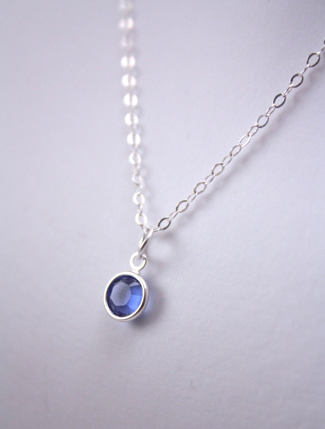 sapphire swarovski crystal necklace - blue sapphire crystal - channel set - tiny drop dangle - everyday necklace - bezel crystal