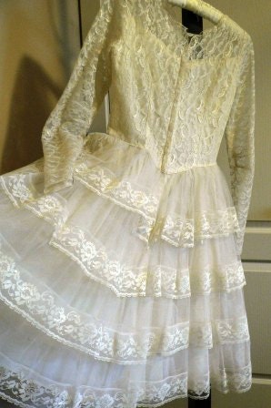SALE 15 Percent Off ...Short  VINTAGE WEDDING Dress  with ruffled back or Prom Grad ... vintage wedding