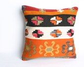 Yuner-Turks Handmade Kilim Pillow Case , flowery pillow ,pink,orange,white,black..- 16x16