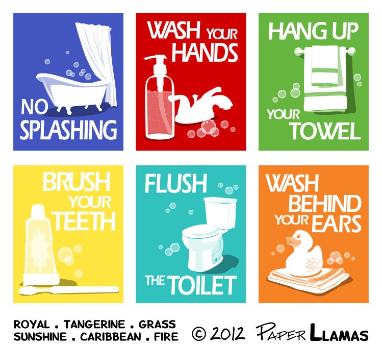 Childrens Bathroom Art Prints, Brush Your Teeth, Wash Your Hands, Wash Behind Your Ears, No Splashing Pick anyTwo 5 x 7 -custom colors