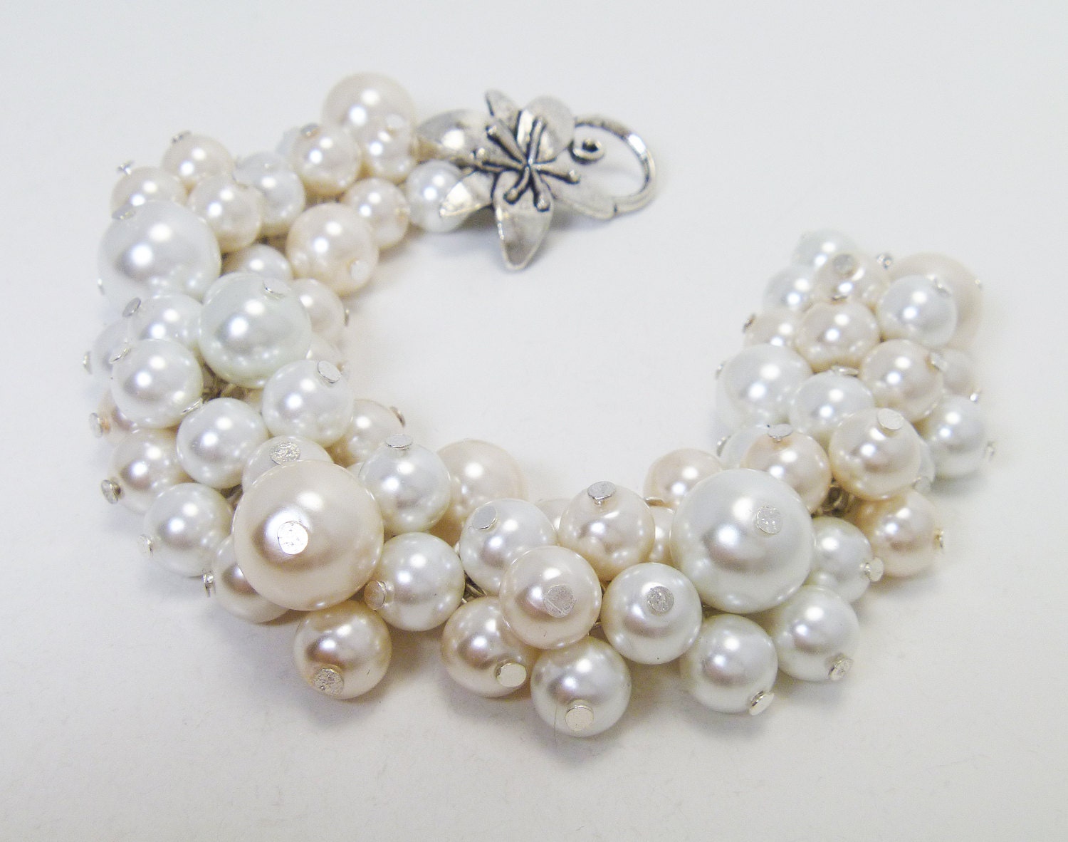 Chunky Pearl Bracelet - White and off white pearl cluster bridal, wedding, bridesmaids, chunky bracelet- Moon Bound -