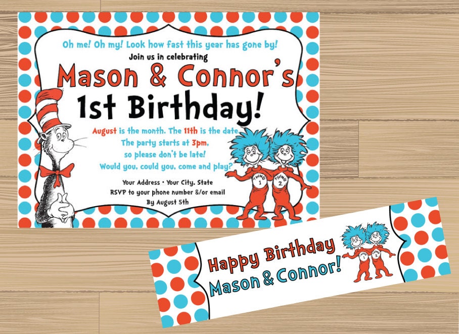 Custom Made Dr. Suess Birthday Party Kit - Invitation and Water Bottle Labels