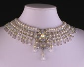 MARY - Wedding Bridal Choker Vintage Hand Beaded Gennuine Pearls & Swarovski Crystals rhinestone Silver Pendant Filigree - 1920 Inspiration