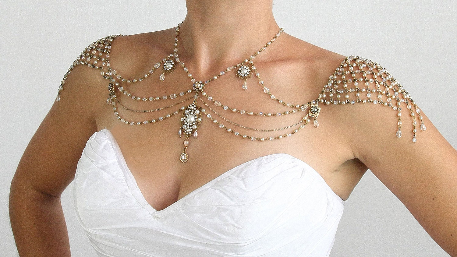 Necklace For The Shoulders,1920s Style,Great Gatsby,Beaded Pearls,Rhinestone,Jazz Age,Gold,OOAK Bridal Wedding Jewelry,Efrat Davidsohn
