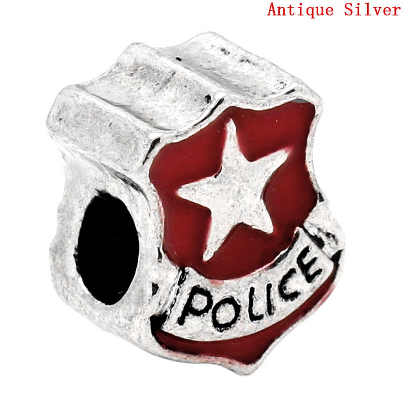 Police Badge Beads Carved Antique Silver Enamel Red 15.5x12mm 3pcs  - Ships IMMEDIATELY from California B760