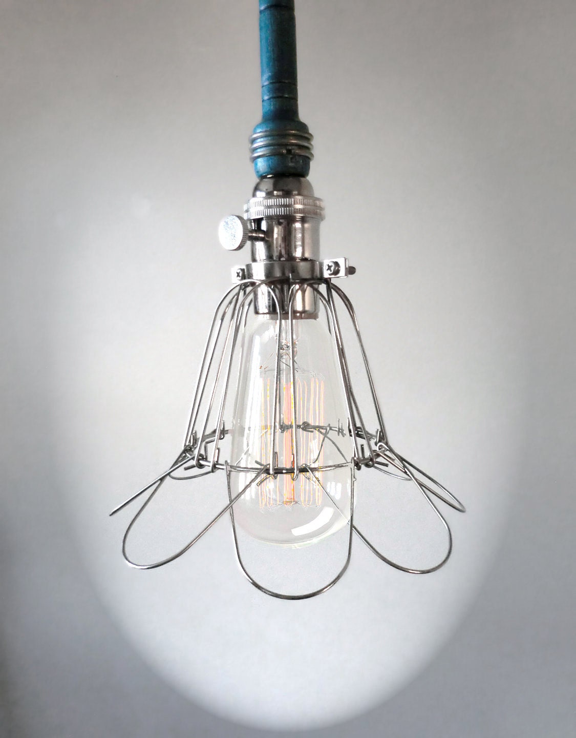Industrial TEAL BLUE Cage Light - Edison Bulb Pendant Light Fixture, Black Cord, Plug-in