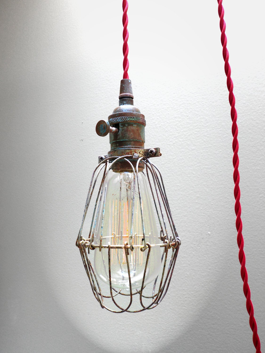 Industrial BRASS PATINA Cage Light - Edison Pendant Light Fixture, 12' Red Twisted Cord, Plug-in
