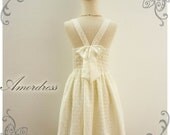 Lace Dress White Cream Sweetest Spell Party Reception Prom Party Bridesmaid Vintage Inspired  Back Bow V Halter Pleated Skirt -Size S-M