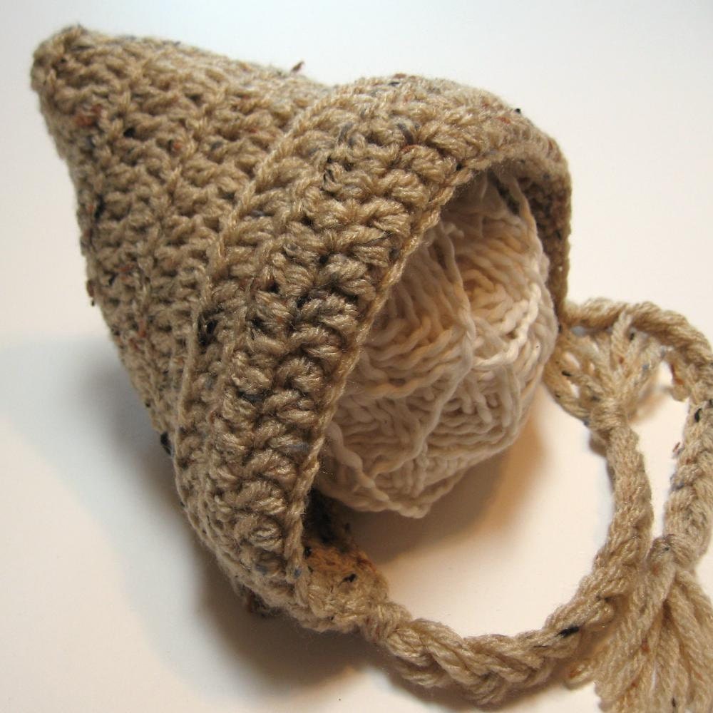 Newborn to 3 months crochet pixie hat.  Gnome.  Elf.  Ready to ship.  Neutral colors.  Photo prop.