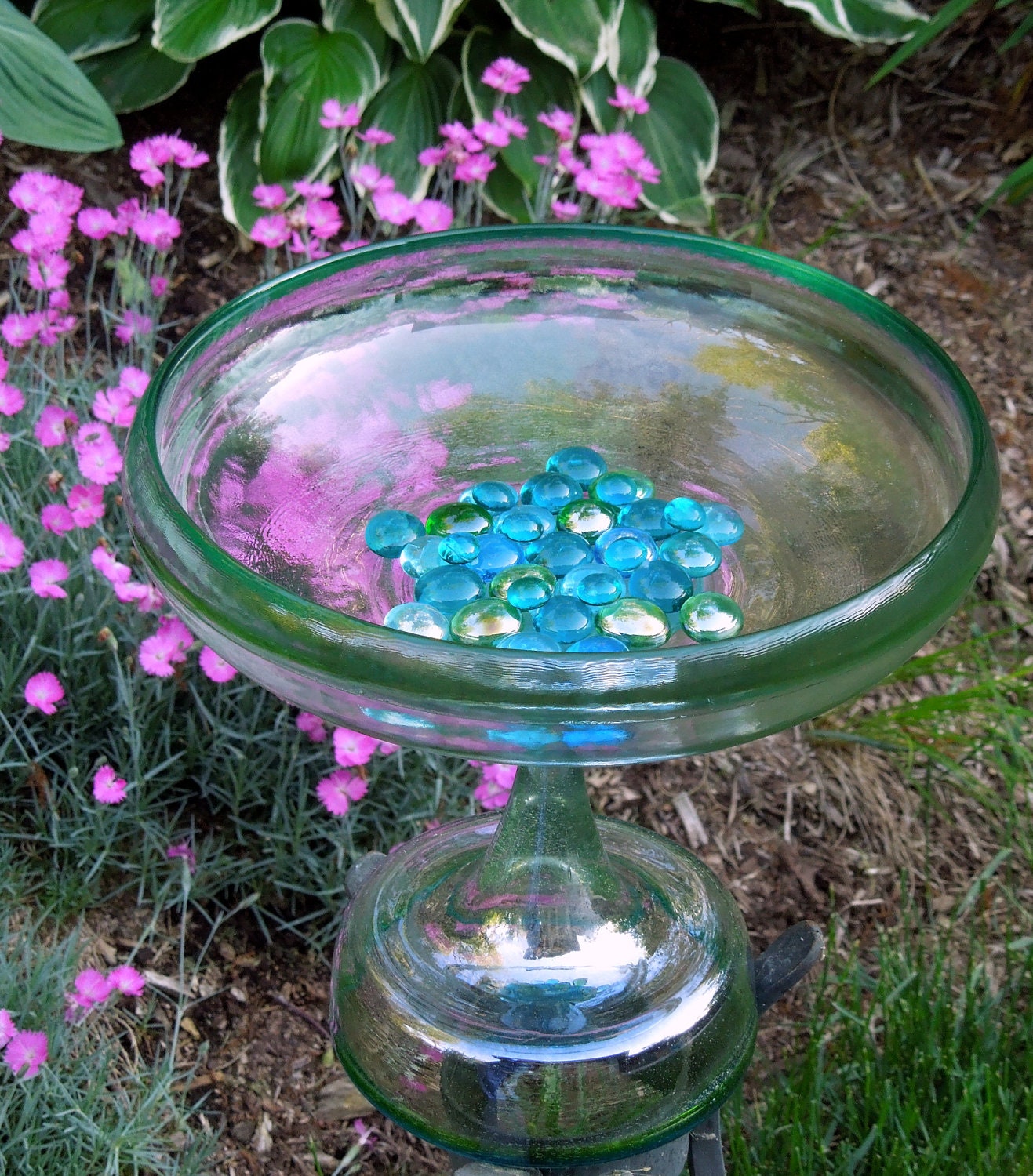 YARD art and GARDEN sculpture bird bath made with recycled glassware