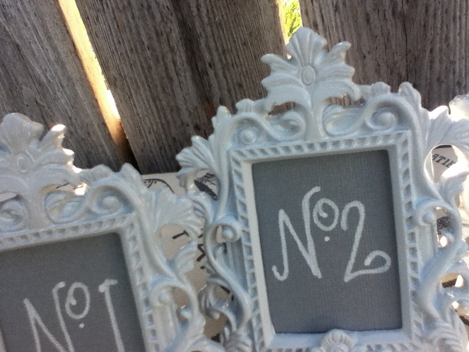 8 Vintage Style TABLE NUMBERS - mini ornate - easel back -Choose the Color - wedding reception sign