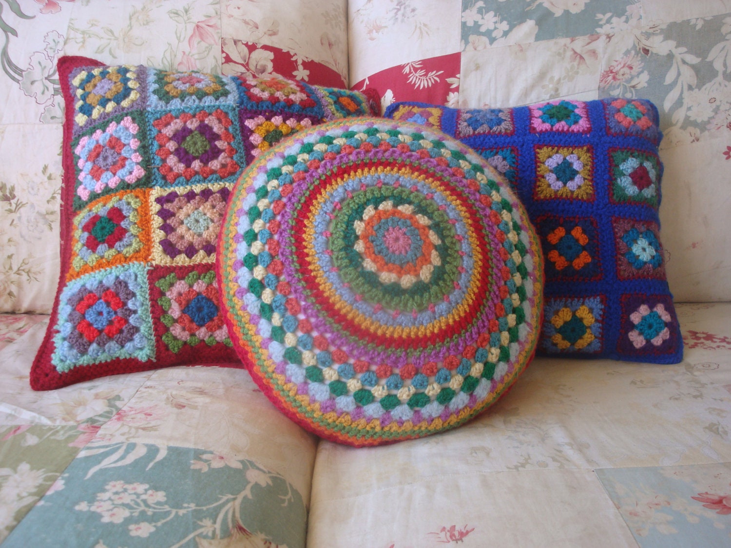 CROCHET CUSHION COVER combo. Granny Square cushion covers, cushion covers - two granny square and one round.