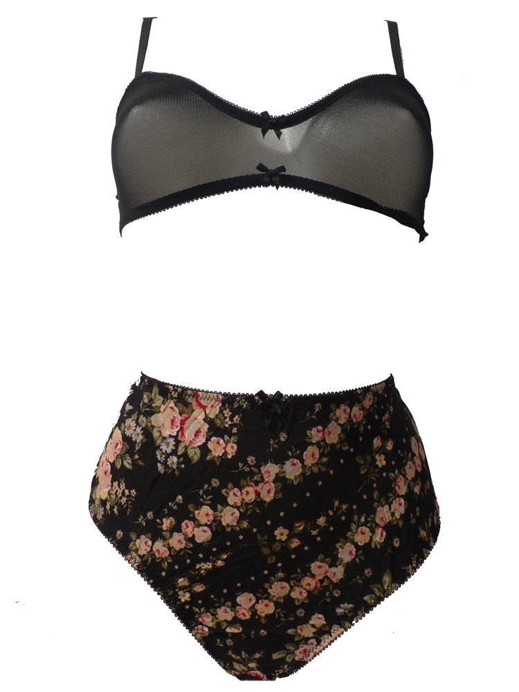 Black Floral lingerie set high waist panties