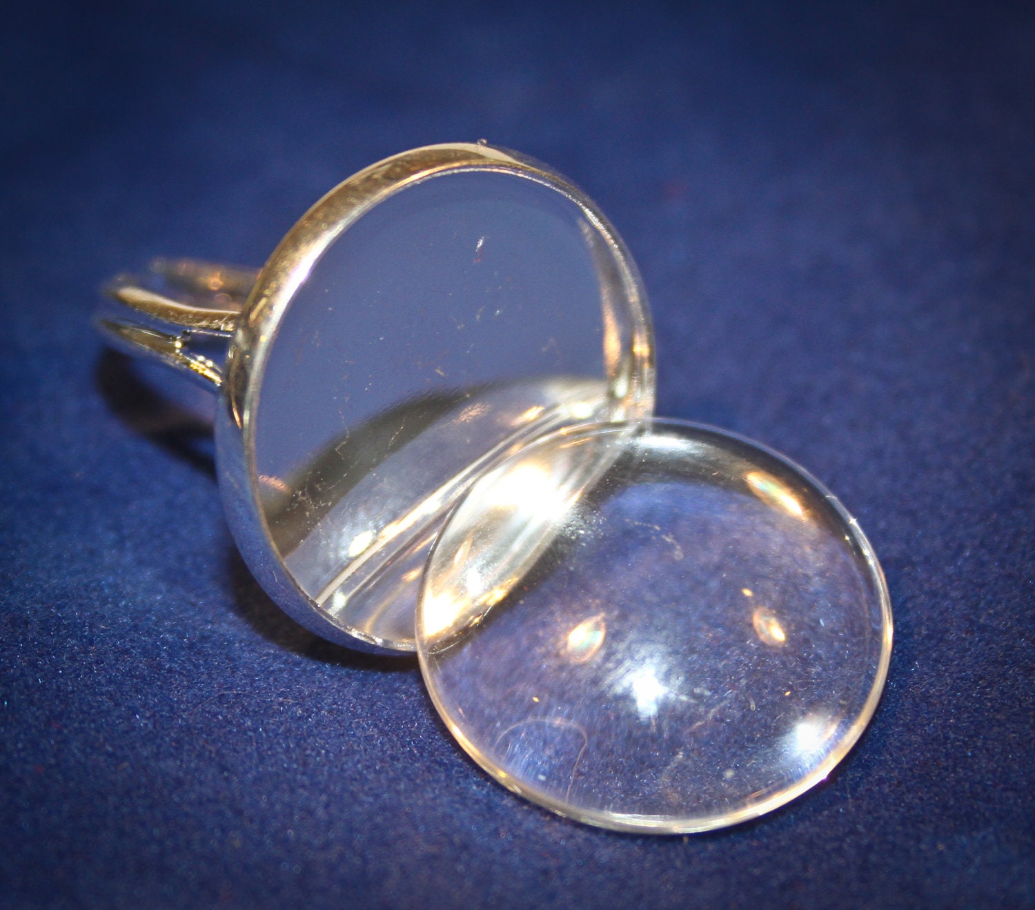 6 KITS Round Ring bases and 6 matching glass cabochons -20mm ring base adjustable